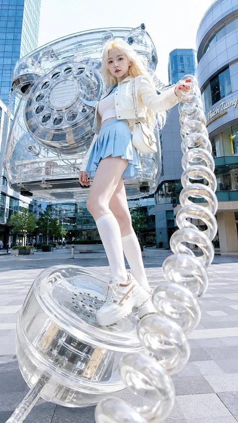 A blonde figure in blue and white clothing stands atop an oversized transparent telephone beside city buildings.