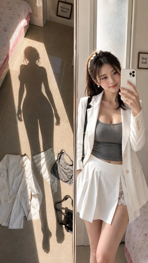 A person in a white jacket and pleated skirt over a gray top takes a mirror selfie beside a sunlit wall.