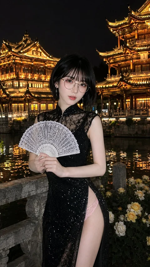 A woman in a black dress holds a white fan open in front of traditional buildings illuminated at night.