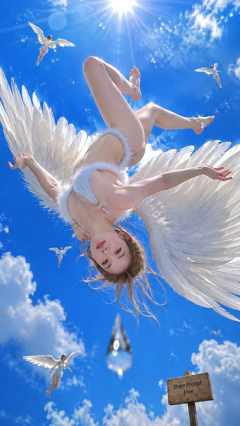 A winged figure in pale clothing appears upside down among white birds and clouds beneath the sun.