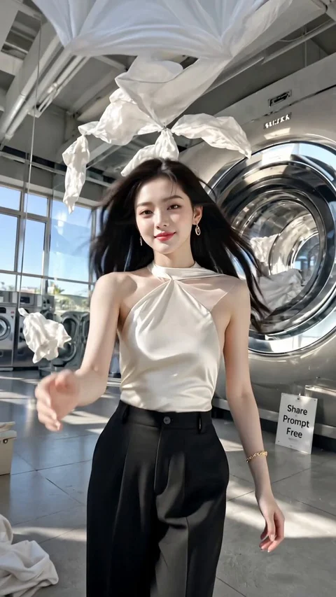 A woman in a pale sleeveless top and black trousers stands before washing machines as white fabric flies above her.