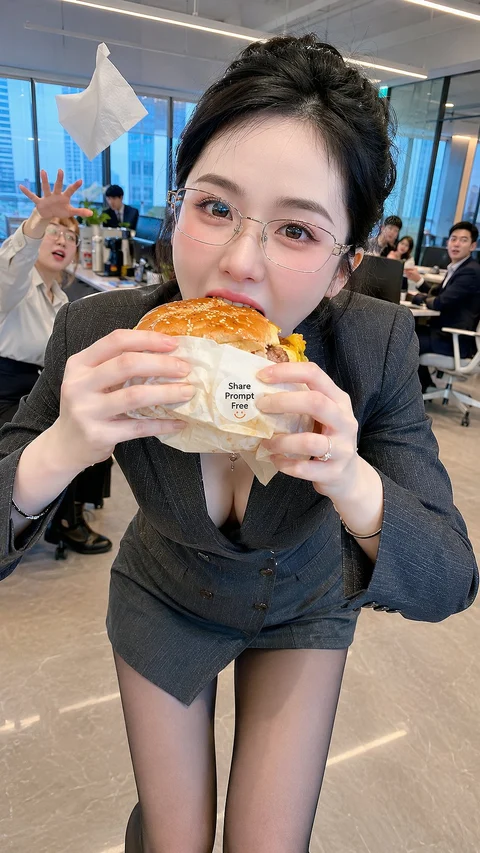A woman in a dark jacket and short denim bottoms leans toward the camera while holding a burger.