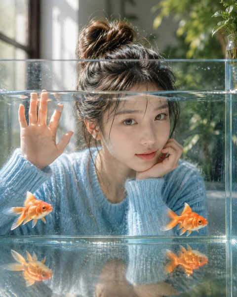 A person in a blue knitted sweater rests beside a glass aquarium with orange goldfish and leafy sunlight behind.