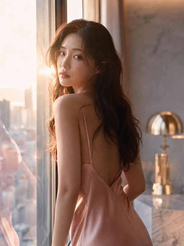 Illustrative adult portrait: Pink satin evening dress in golden window light