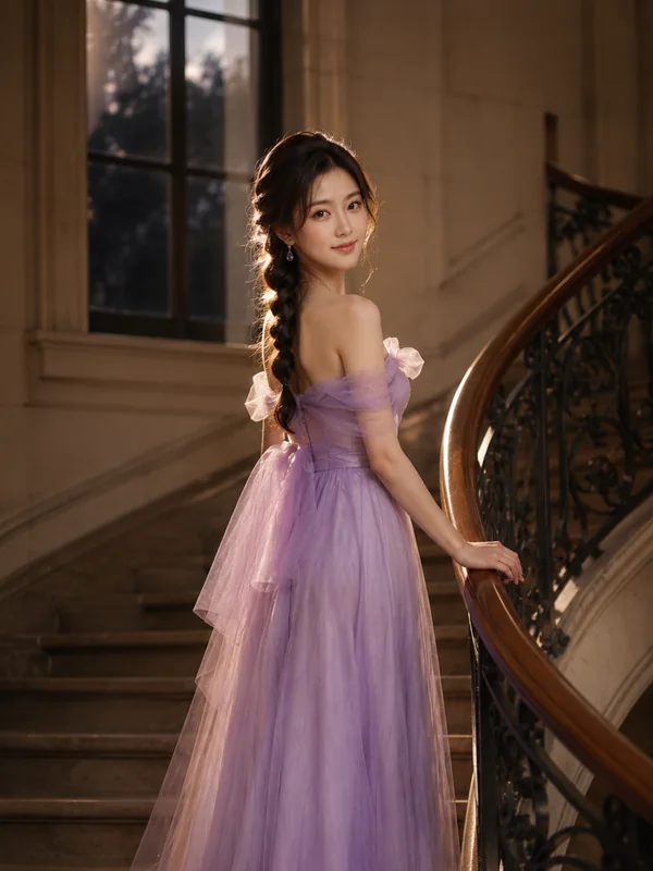 Illustrative adult portrait: Lavender evening dress on a twilight staircase