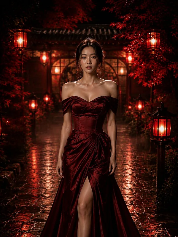 Illustrative adult portrait: Ruby evening gown among glowing garden lanterns