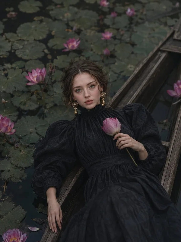 Illustrative adult portrait: Dark romantic fashion on a boat among lotus flowers
