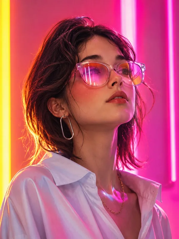 Illustrative adult portrait: Pink neon light and tinted glasses in a fashion portrait