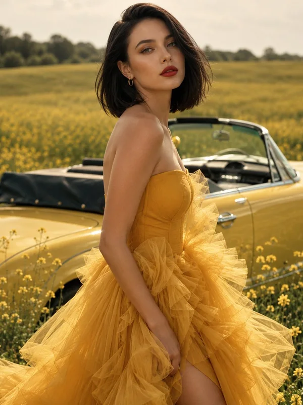 Illustrative adult portrait: Yellow couture dress beside a vintage yellow car